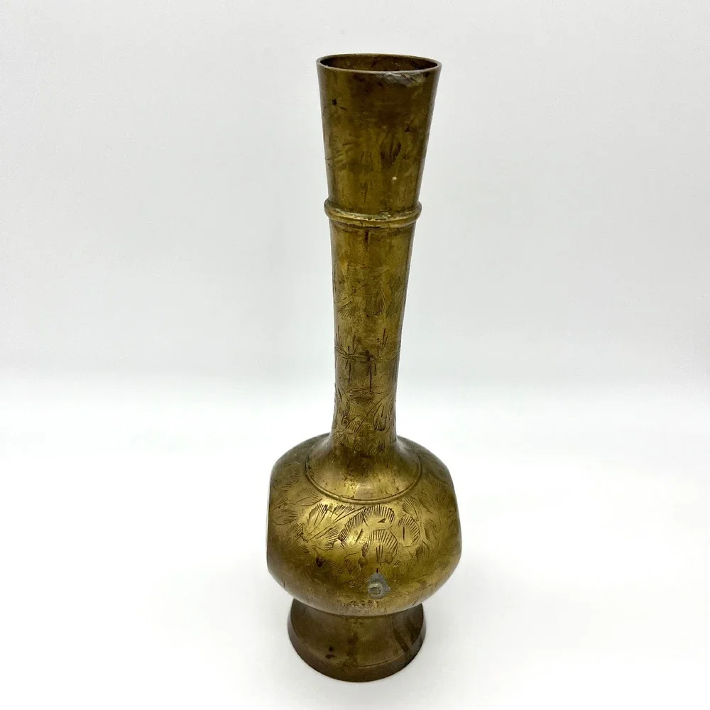 Etched Brass Vase Pitcher Coffee Vintage Floral Design Home Decor 10